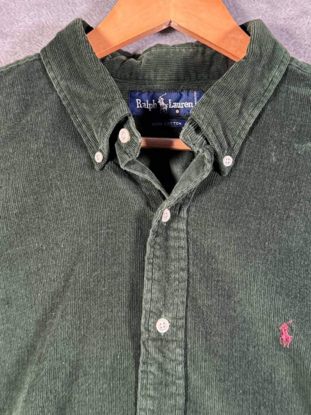 Ralph Lauren Button Down Shirt Mens XL Green Corduroy Long Sleeve Pink Pony